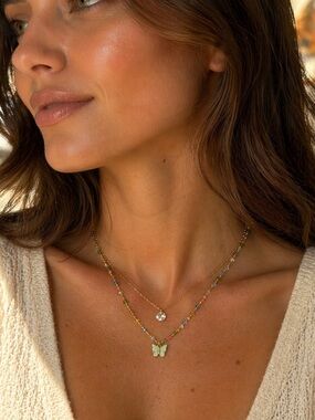 Guess Gold-Tone Layered Necklace with Multicolor Beads & Mint Butterfly